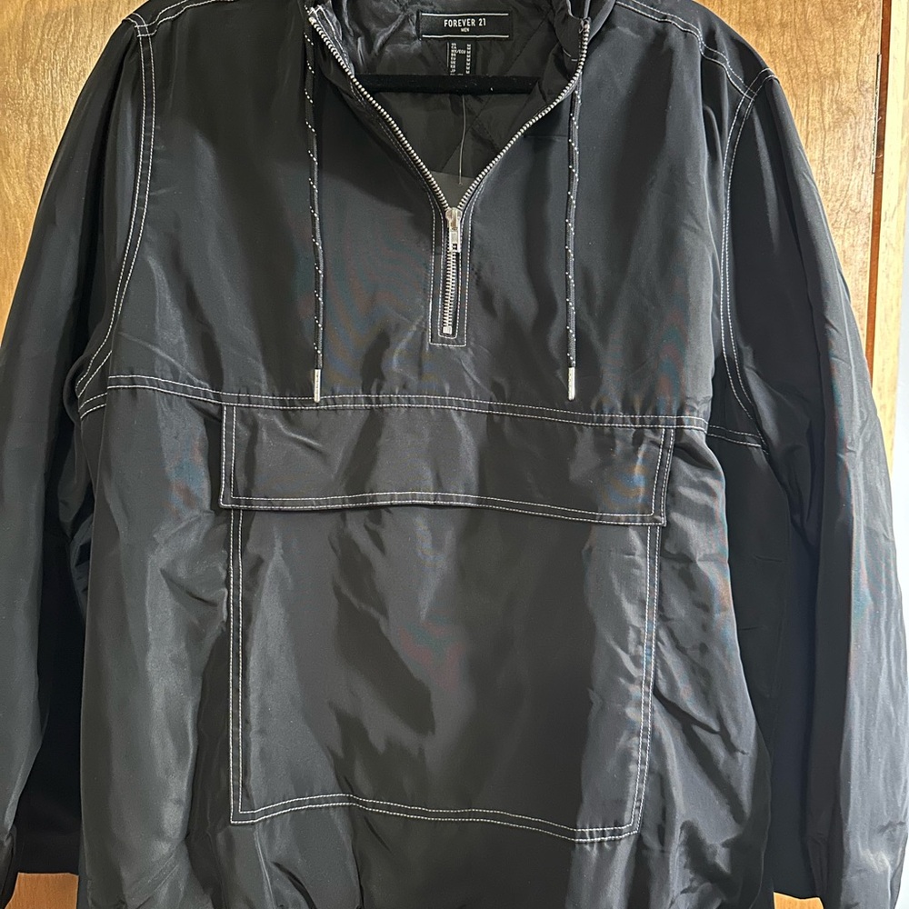 Forever 21 Black Windbreaker with Hood and Elastic Cuffs
